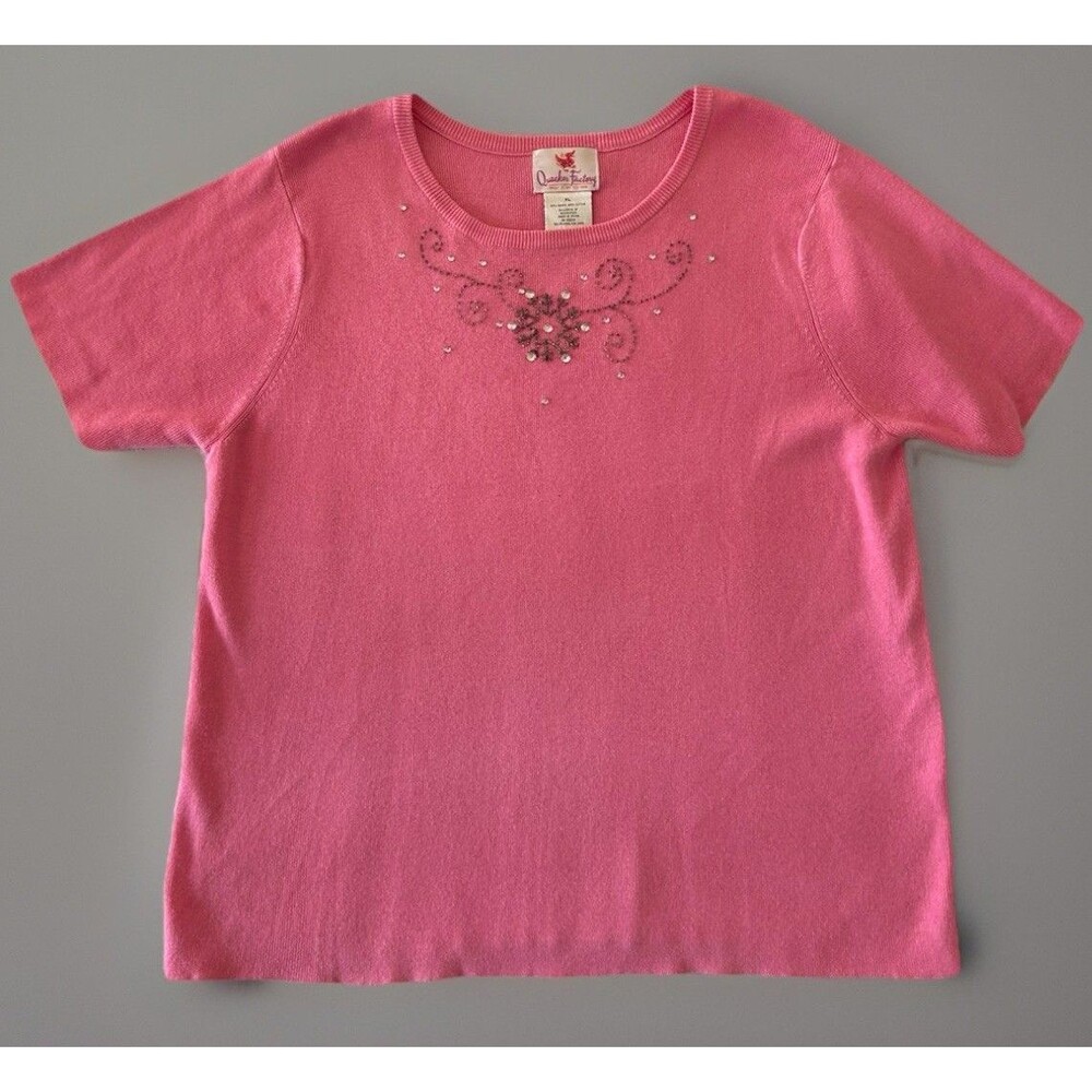 Quacker Factory Sweater Short Sleeve Snowflake Bling Pink Size XL Holiday